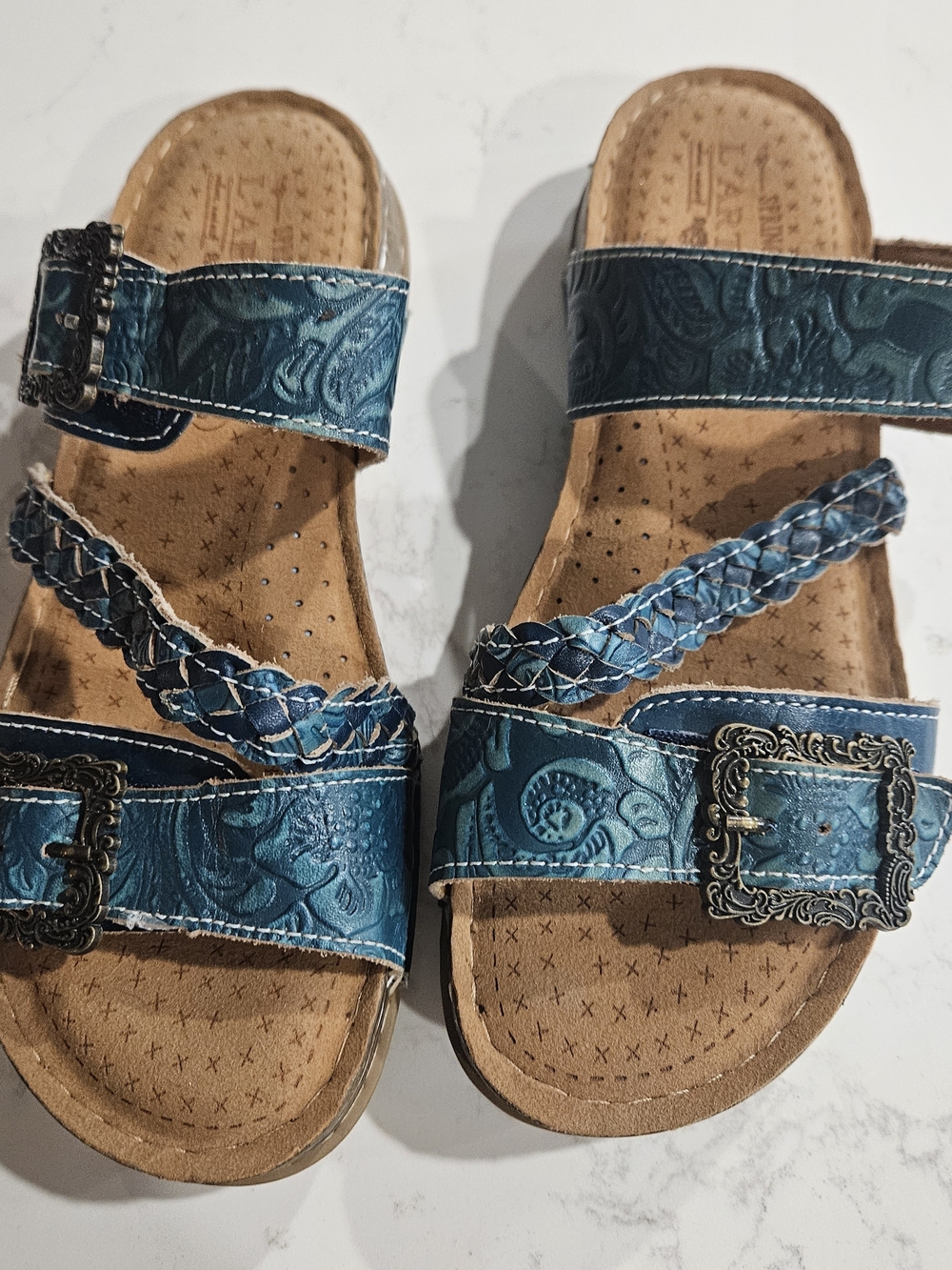 L'artiste Women's Teal Embossed Leather Slide Sandals Size 39